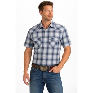 Clockhouse‎ Western Plaid Pearl Snap Shirt Mens Medium Blue Short Sleeve